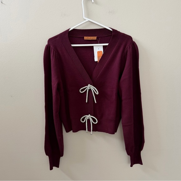 Belldini Balloon Sleeve Burgundy Cardigan Sweater with Rhinestone Bows, Sz M - Picture 3 of 11